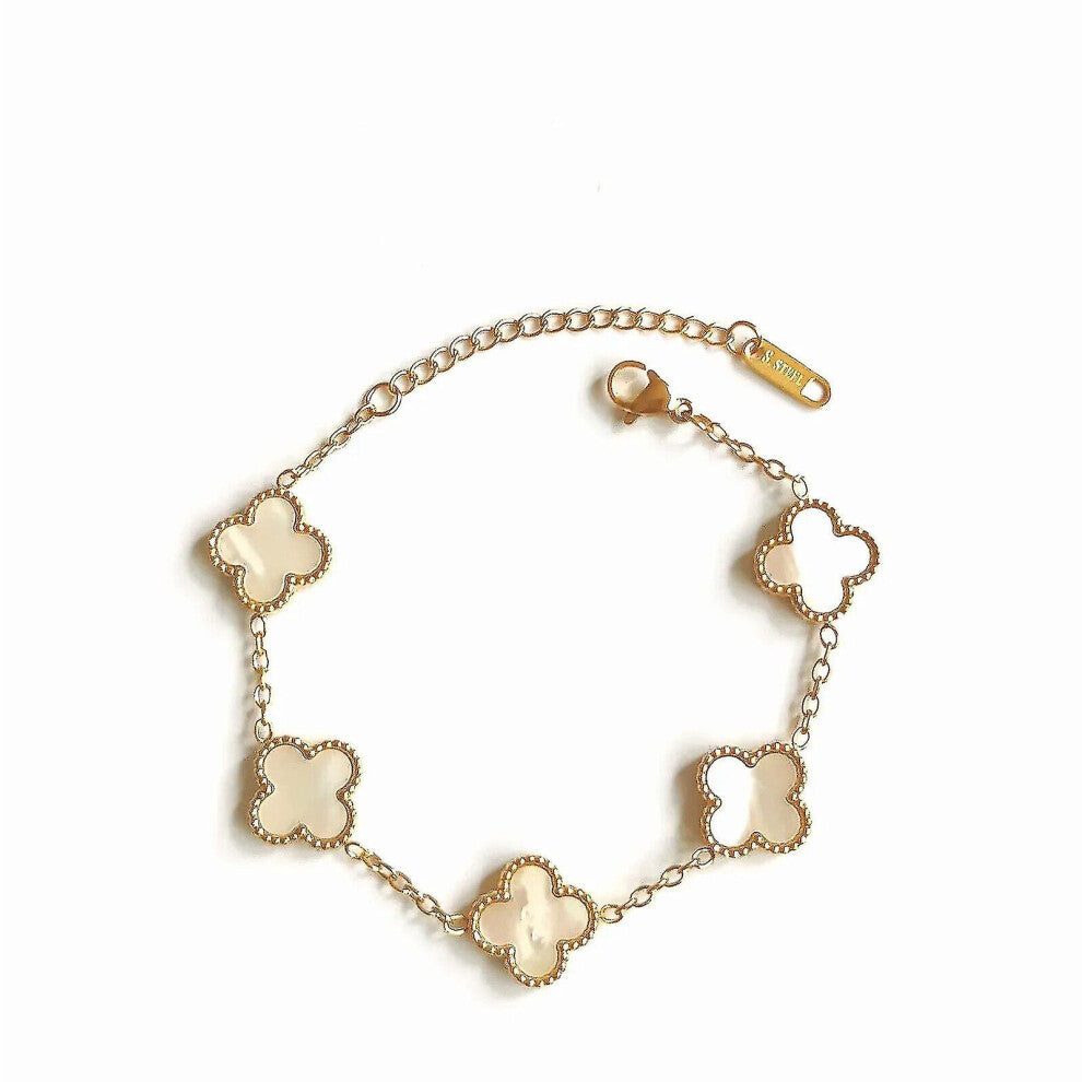 (white) Four Leaf Clover- Bracelet 18k Gold Plated Stainlesssteel Doubleside Aftermarket-yyy