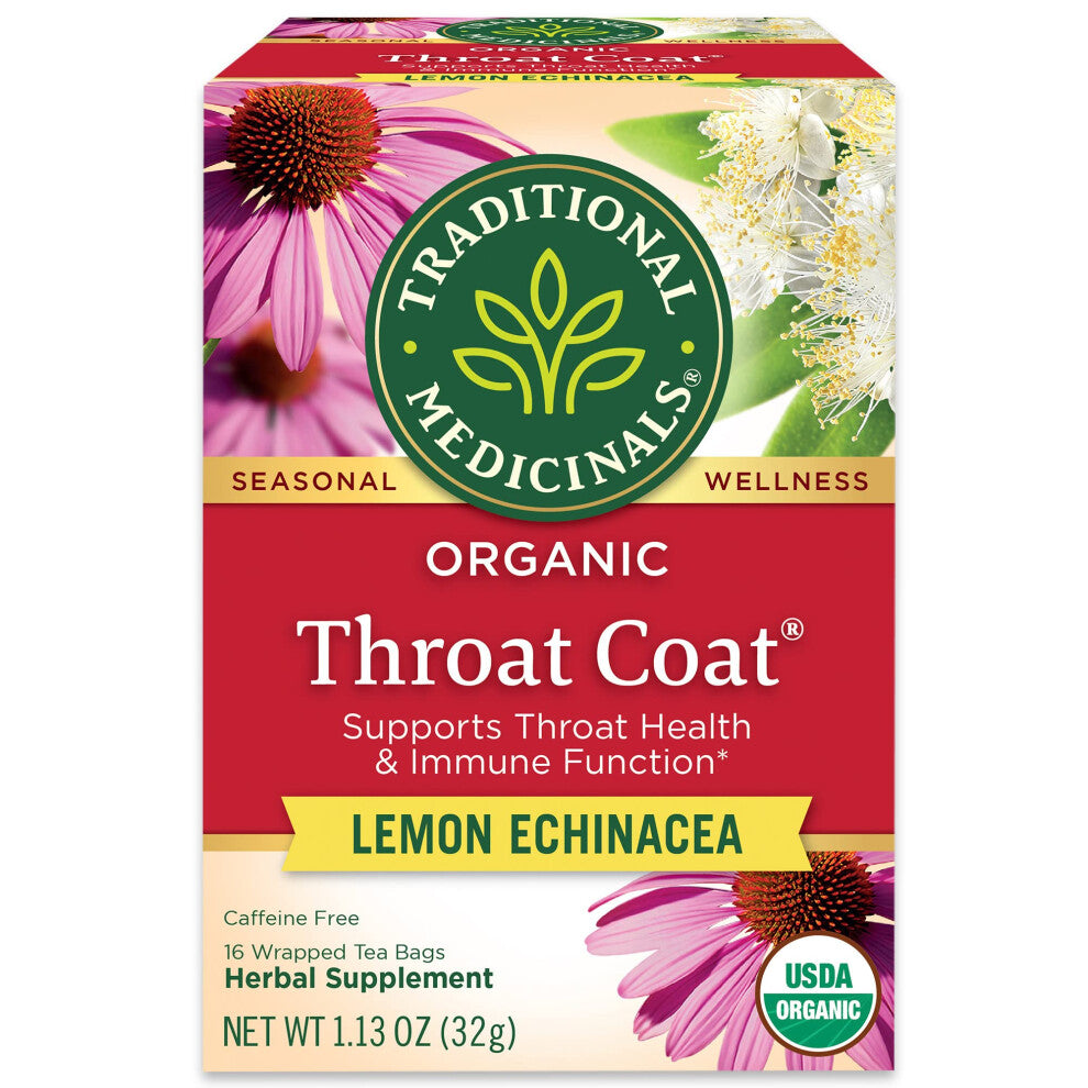 Traditional Medicinals Organic Throat Coat Lemon Echinacea Herbal Tea  Supports Throat Health  Pack of 1  16 Tea Bags