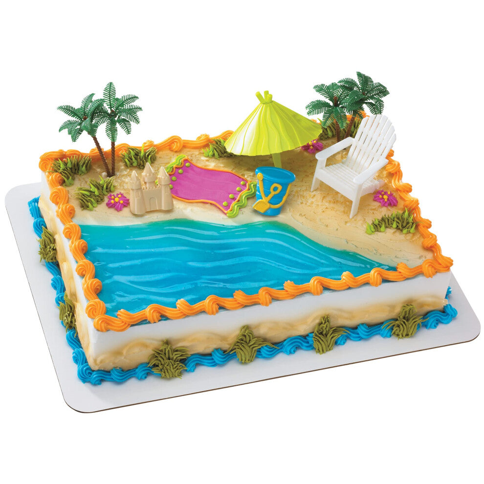 DecoSet Beach Chair and Umbrella Tropical Beach Cake Decoration  6 Piece Cake Topper Set  Palm Trees  Deck Chair  Beach Umbrella