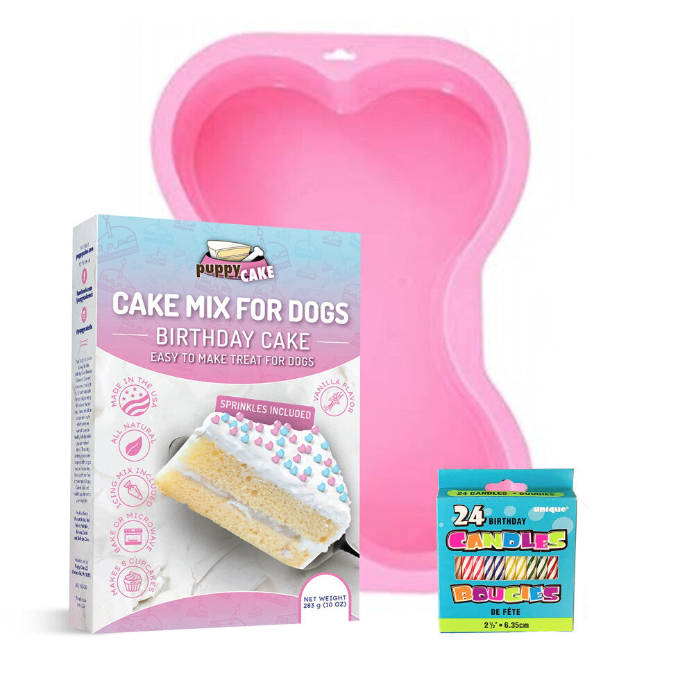 Puppy Cake Mix Dog Birthday Cake Kit  with Bone Silicone Pan and Candles Birthday Cake  Pink Made in USA