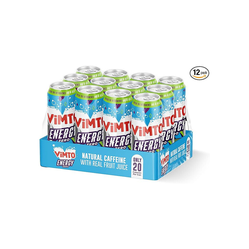 Vimto Original Real Fruit Energy Drink - No Added Sugar, Natural Caffeine + B Vitamins, 500ml Big Can (Multipack 12)