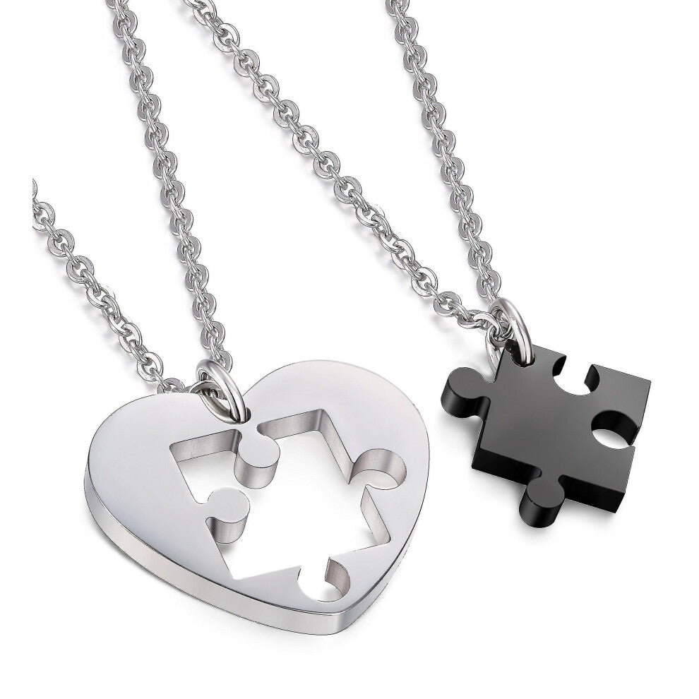 Fast Shipping Stainless Steel Necklace for Men Women Chain Set for Couples Puzzle Black Pendant Heart