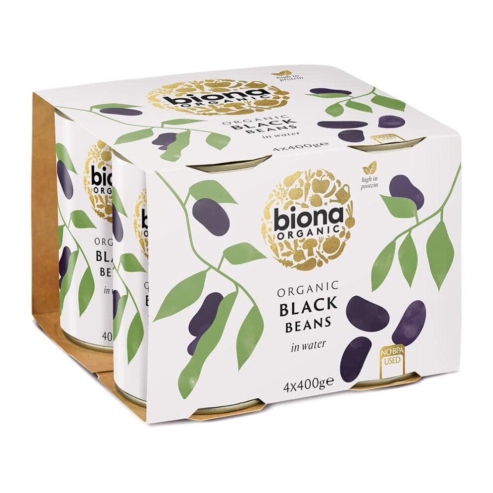 Organic Black Beans 400g, Pack of 4 - In Water, Pre-Cooked & Ready to Eat - No Added Sugar or Salt - Source of Vegan Protein and Fibre - BPA Free Can,