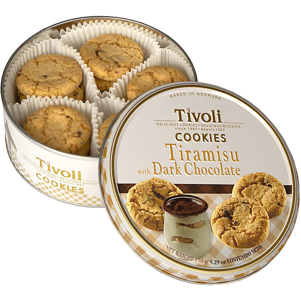 Jacobsens of Denmark Tivoli Tiramisu Dark Chocolate Cookies 150g - SMALL Tin (139mm diameter x 55mm height) - Traditional Biscuit Tin Gift for Women,