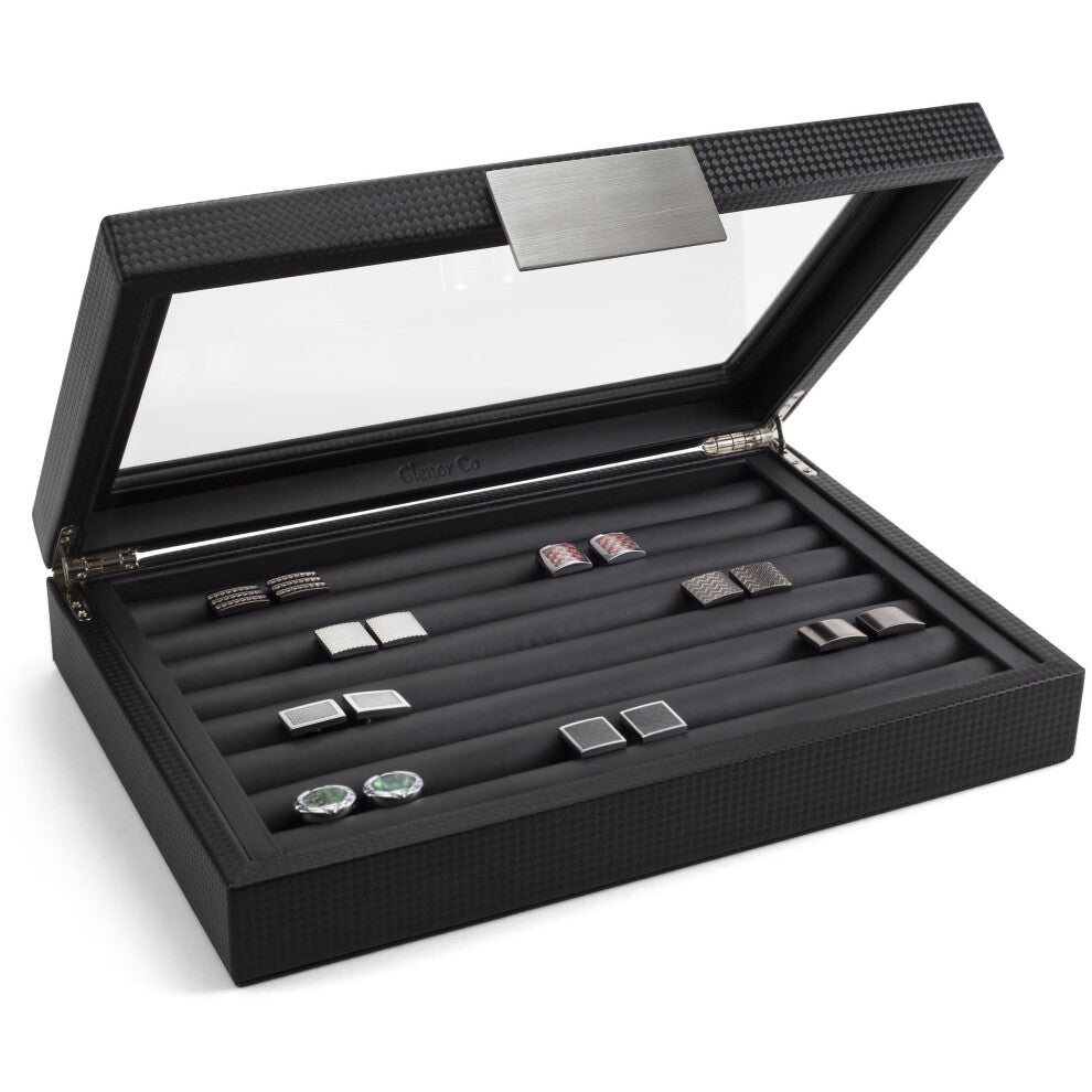 Glenor Co Cufflink Box for Men - Holds 70 Cufflinks - Luxury Display Jewelry Case -Carbon Fiber Design - Metal Buckle Holder  Large Glass Top - Black