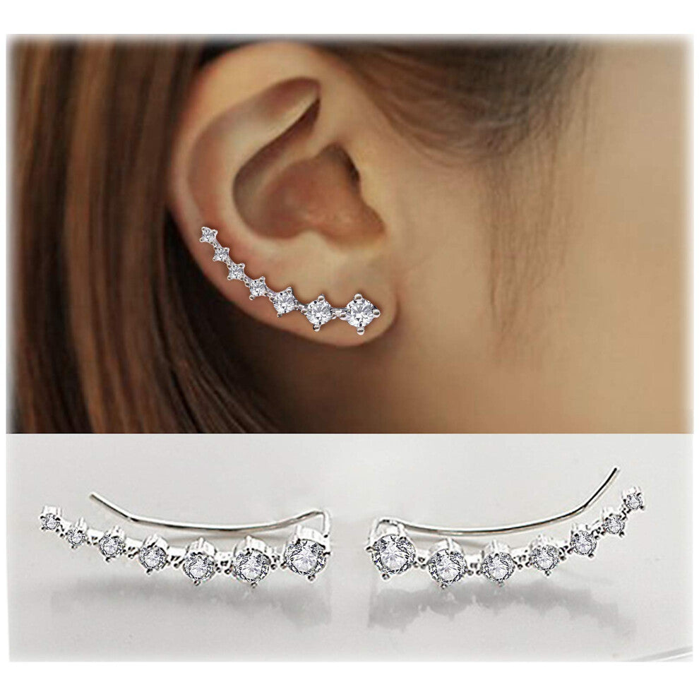 Earring for Women Cartilage 7 Crystals Ear Cuffs Hoop Climber S925 Sterling Silver Earrings with Cubic Zirconia CZ Hypoallergenic Piercing Gifts for H