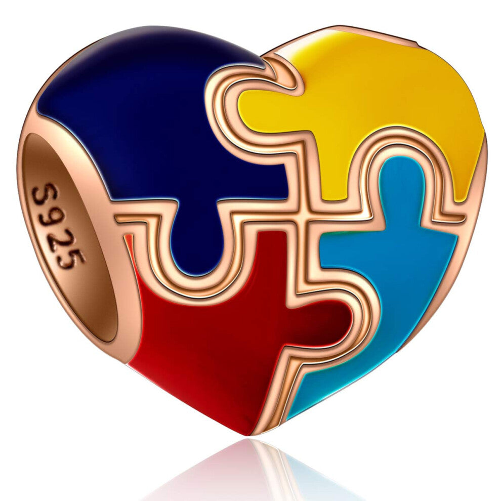 Rose Gold Heart-Shaped Autism Awareness Charms fits Pandora Valentines Bracelet  925 Sterling Silver Puzzle Pieces Enamel Colorful Beads  for God Moth