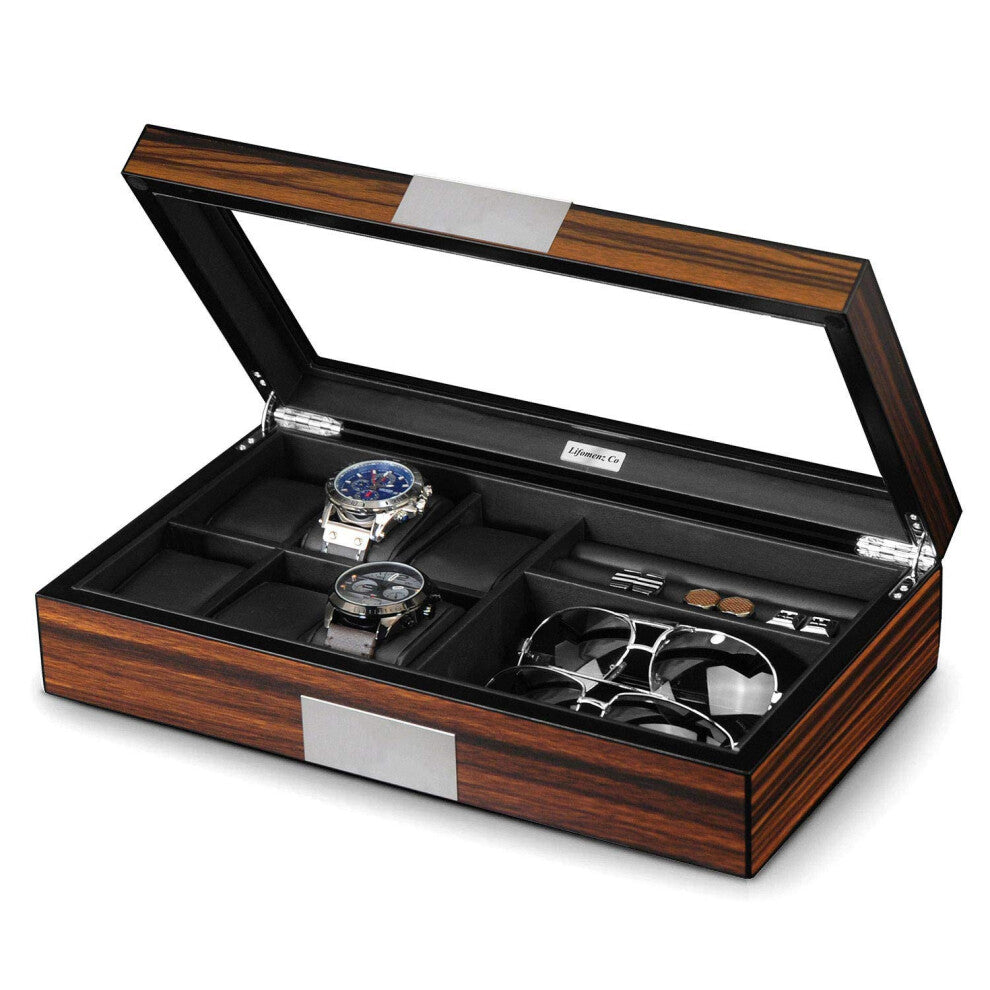 Lifomenz Co Watch Jewelry Box for Men 6 Slot Watch Box 6 Watch Case 8 Pair Cufflinks and Sunglasses Display Box Wood Large Watch Display Case Organize