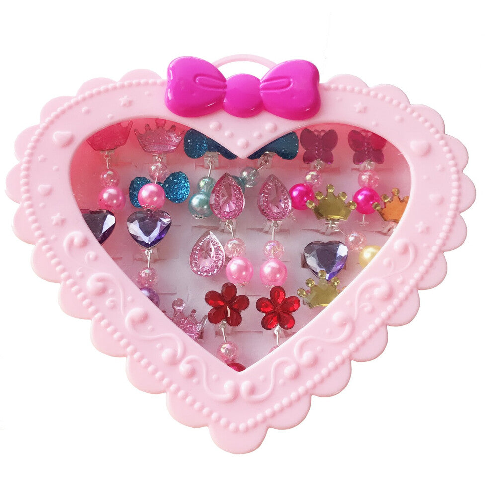 Elesa Miracle 28pcs Children Kids Little Girl Shiny Clip-on Earrings and Adjustable Jewelry Rings in Box  Girl Pretend Play Earrings and Dress up Ring