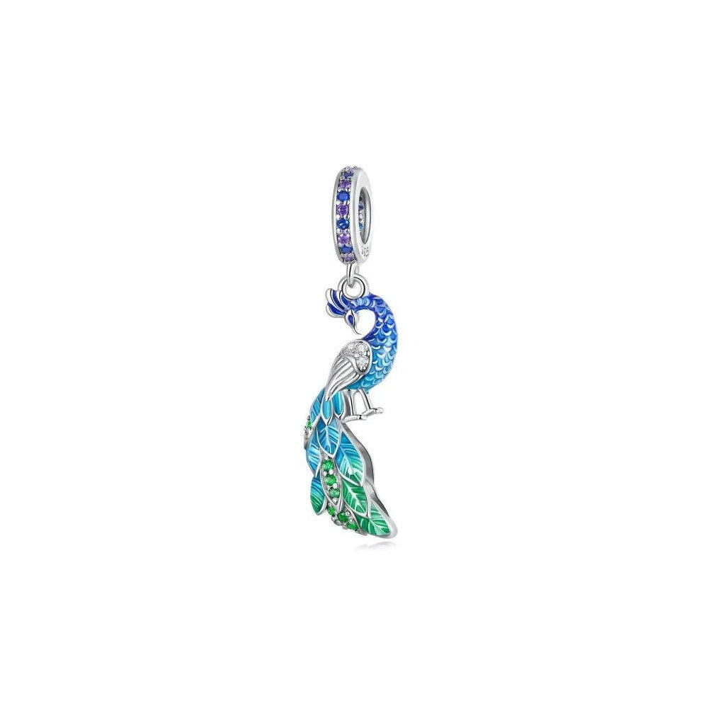 S925 Sterling Silver  Blue Enchanting Peacock Dangle charm for women bracelet - Gift for woman