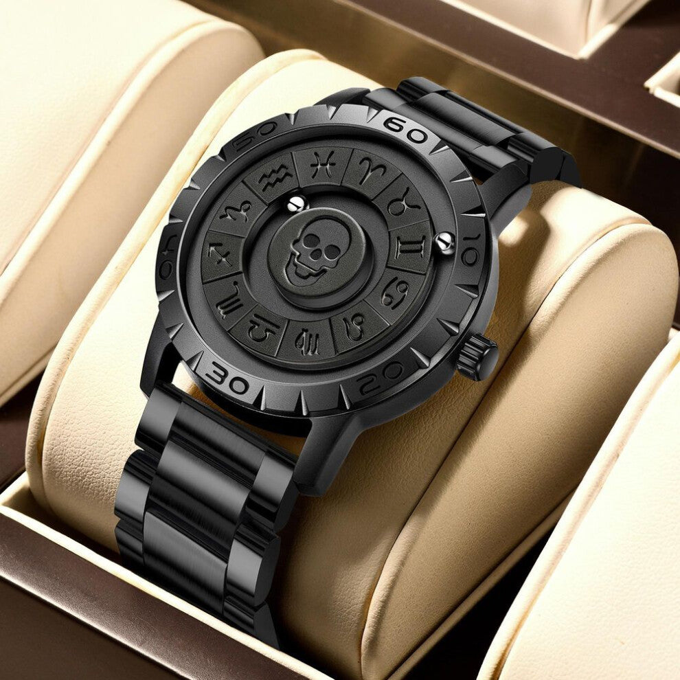 (black, Steel strap) LIGE Brand FOXBOX New Personalized Original Men Quartz Watch Skull dial Magnetic Ball Design Waterproof Quartz Watch Men's Gift