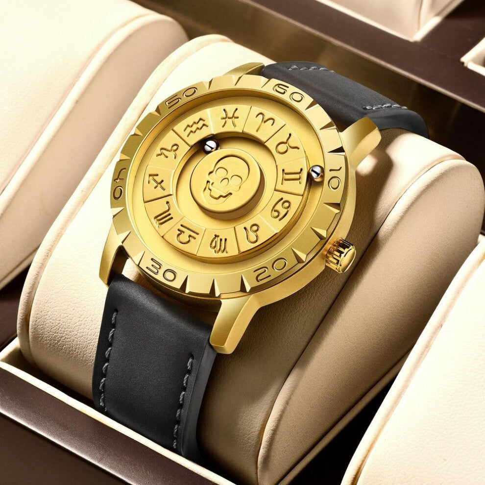 (gold, Leather strap) LIGE Brand FOXBOX New Personalized Original Men Quartz Watch Skull dial Magnetic Ball Design Waterproof Quartz Watch Men's Gift