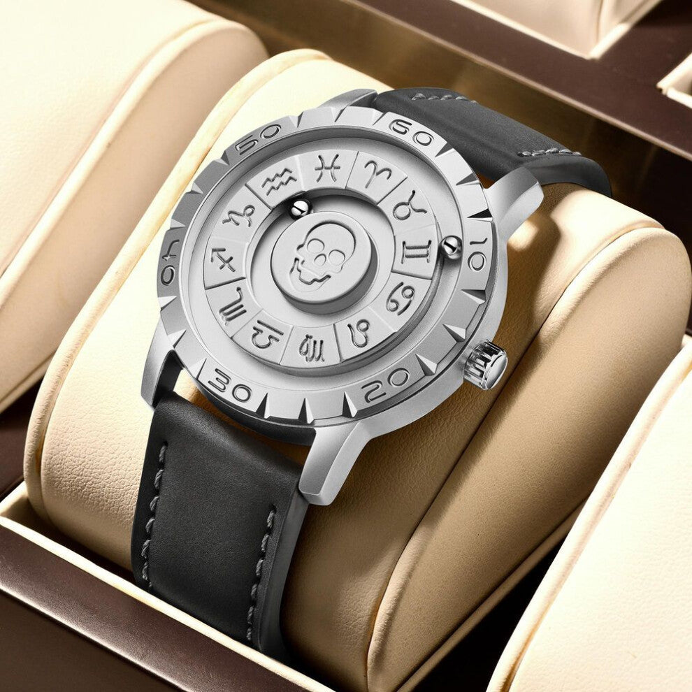 (silver, Leather strap) LIGE Brand FOXBOX New Personalized Original Men Quartz Watch Skull dial Magnetic Ball Design Waterproof Quartz Watch Men's Gif