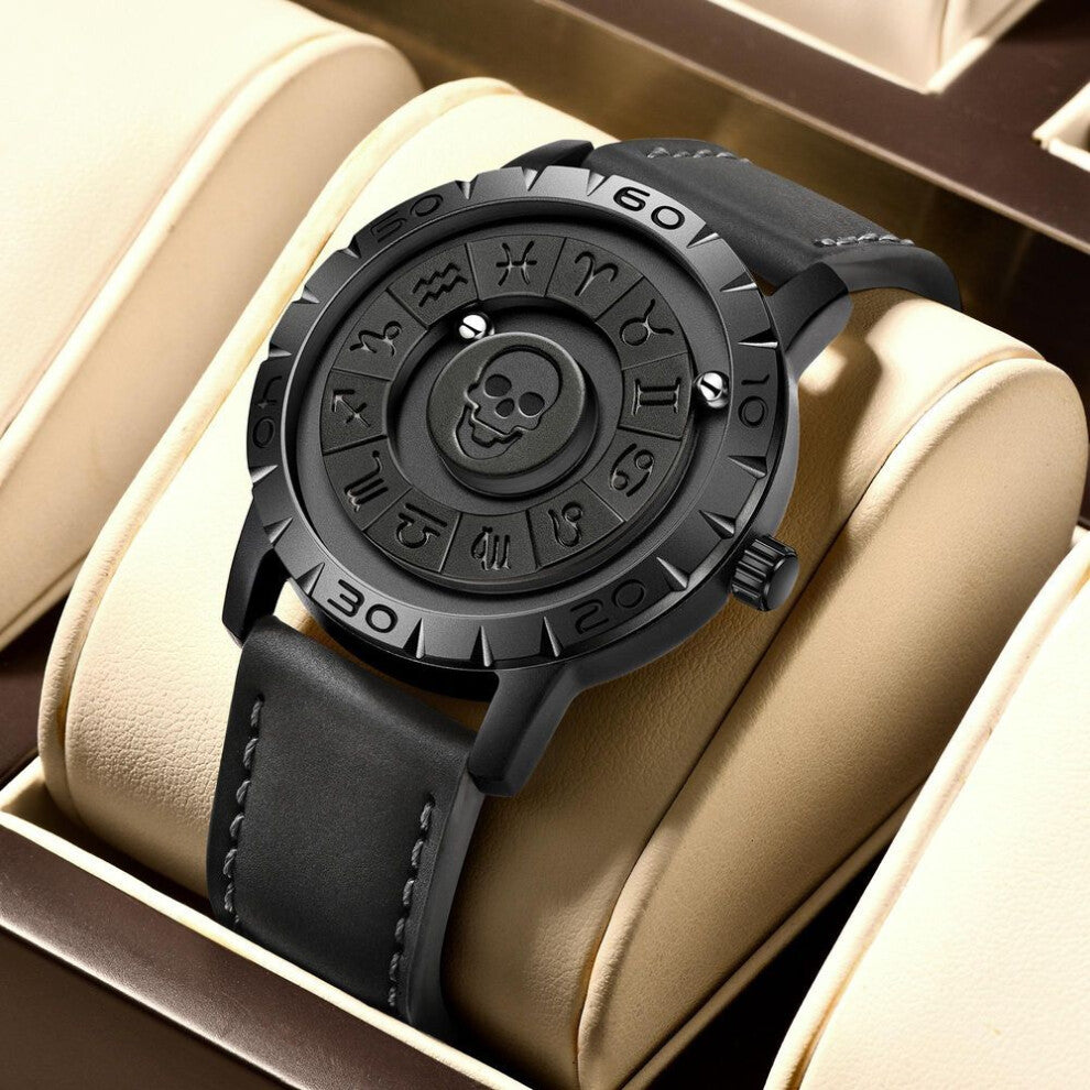 (black, Leather strap) LIGE Brand FOXBOX New Personalized Original Men Quartz Watch Skull dial Magnetic Ball Design Waterproof Quartz Watch Men's Gift