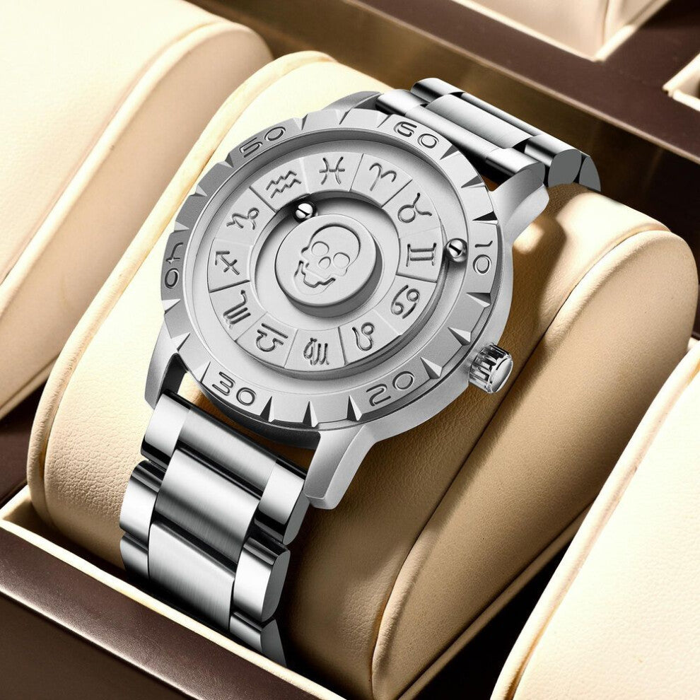 (silver, Steel strap) LIGE Brand FOXBOX New Personalized Original Men Quartz Watch Skull dial Magnetic Ball Design Waterproof Quartz Watch Men's Gift