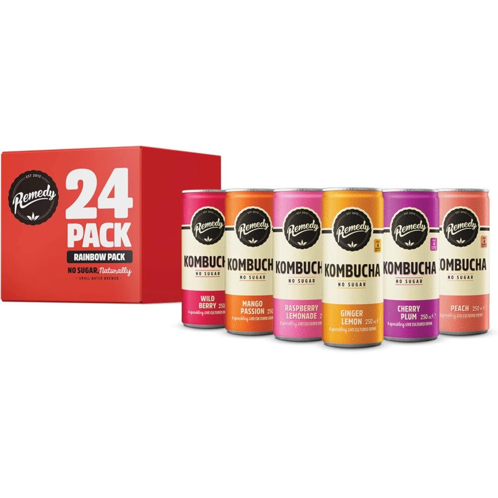 Remedy Kombucha Tea - Rainbow Mixed Pack - Sparkling Live Cultured Drink - Naturally Sugar Free Soft Drink - Probiotic Drink for Gut Health 24 x 250ml