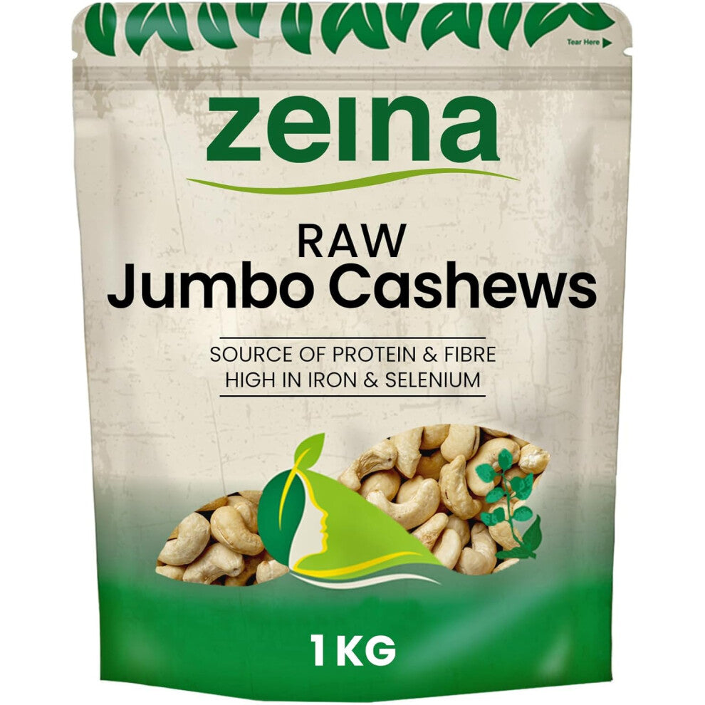 Zeina Jumbo Cashew Nuts with High Vitamin B6 and Iron (1Kg) Natural Fibre and Protein A Fresh Healthy Snack with Resealable Bag Peanut and Sesame Free