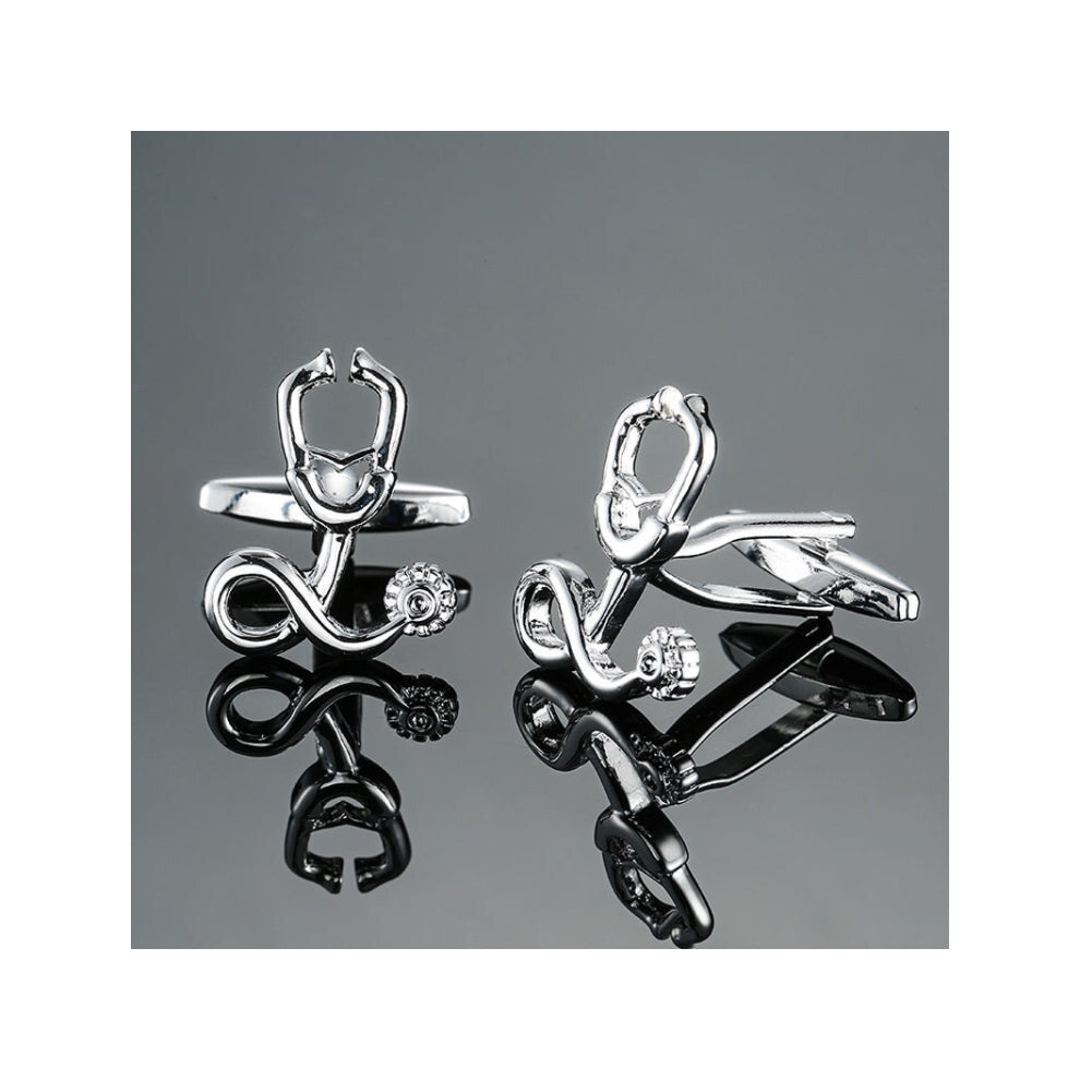 Men Shirts Enamel Lacquered Cufflinks, Color: Silver Stethoscope