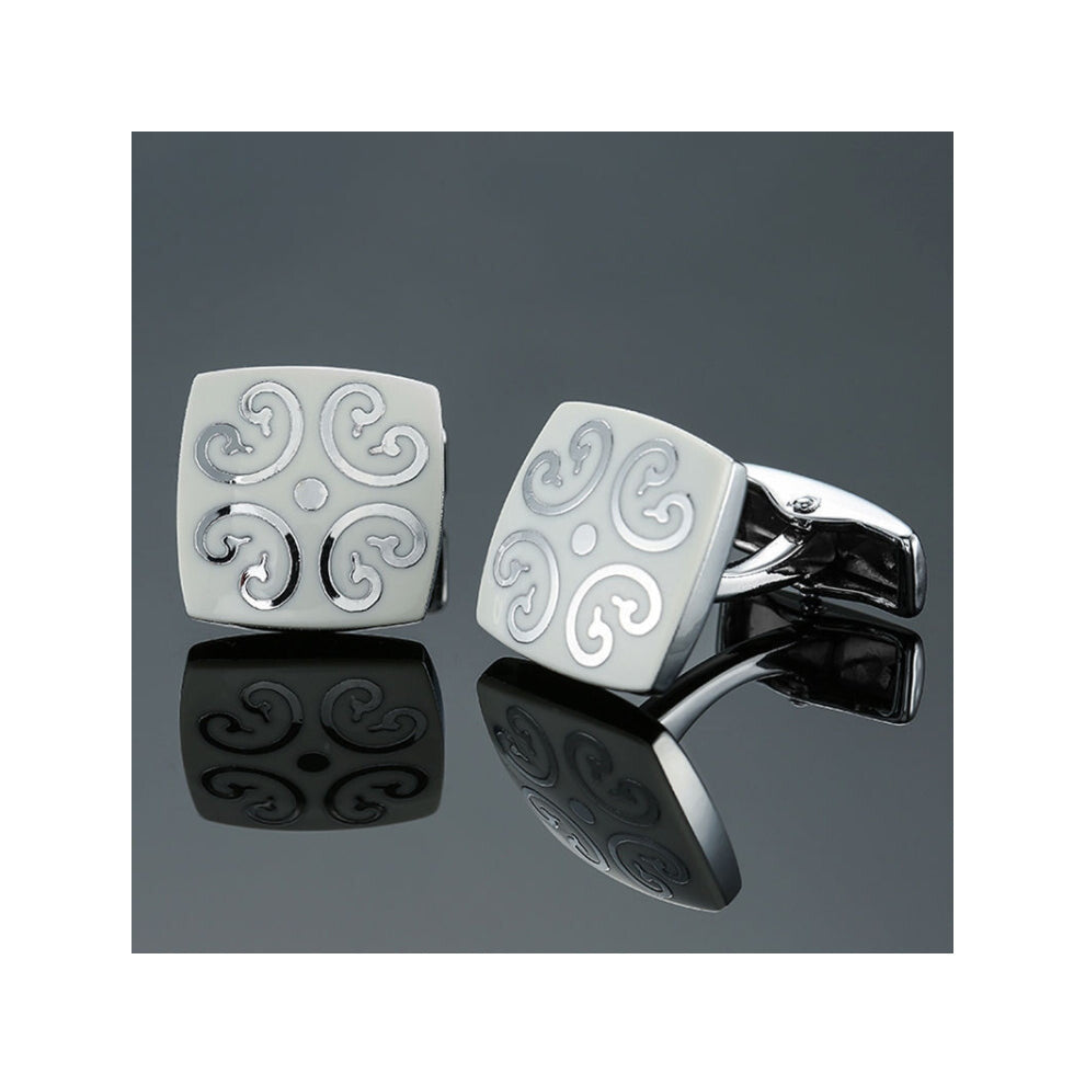Shirt Vintage Floral Plated Brass Cufflinks, Color: Silver White Bottom Pattern
