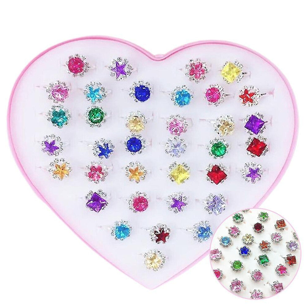 36pcs Kids Girls Adjustable Jewelry Rings In Heart Shape Display Storage Box Pretend Play Toys