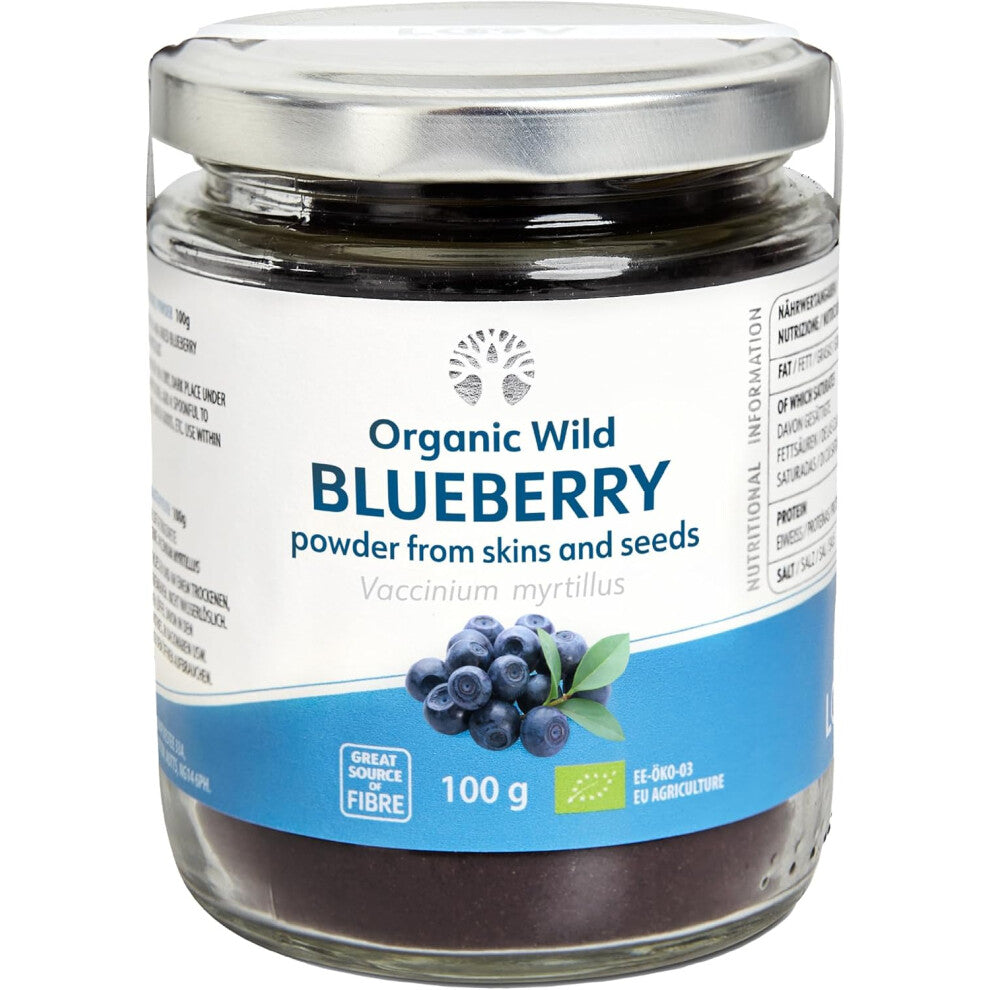 LOOV Wild Blueberry Powder Organic (Pomace Powder) Wild-Crafted from Nordic Forests Made of Wild Bilberry Skins and Seeds Only no Added Sugar, 100 g