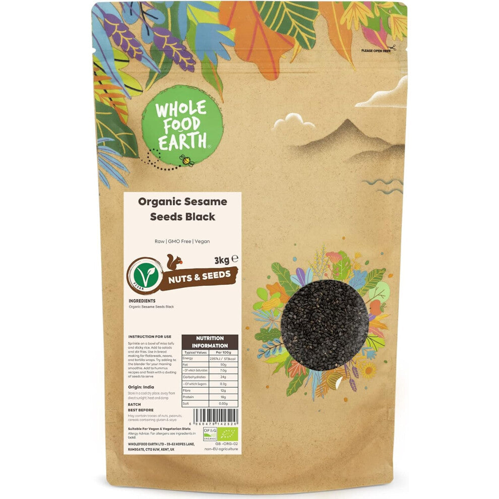 Wholefood Earth Organic Sesame Seeds Black 3kg Raw | GMO Free | Vegan | Certified Organic