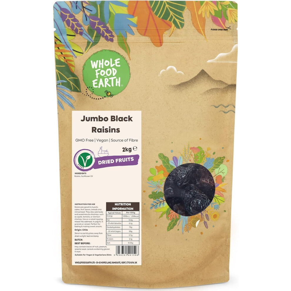 Wholefood Earth Jumbo Black Raisins 2 kg | GMO Free | Source of Fibre