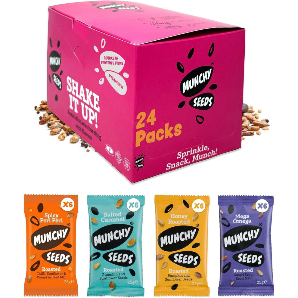 MUNCHY SEEDS Variety Pack - Honey Roasted, Peri Peri, Mega Omega, Salted Caramel - 24-Packs x 25g