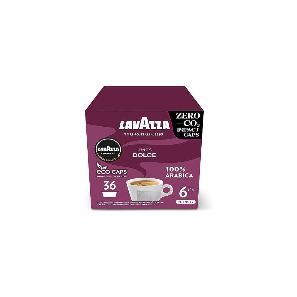 Lavazza A Modo Mio Lungo Dolce, Coffee Capsules, 100% Arabica, Sweet  Intensity 6-13, Medium Roasting, Perfect for a 40ml Espresso,36 Espresso Pods