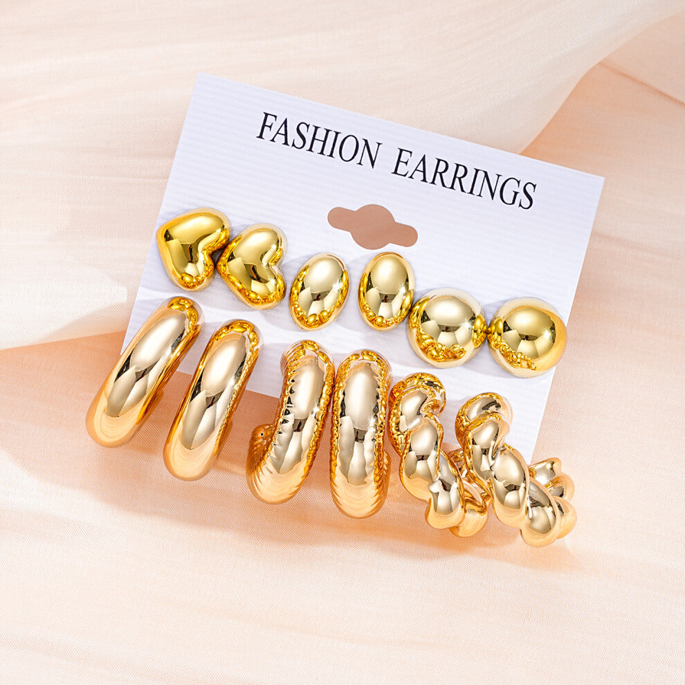 (AY6100301) 6 Pairs-Set Women's Elegant Retro Glossy Metal Crcular Earring Set Plated Gold Heart Stud Earring