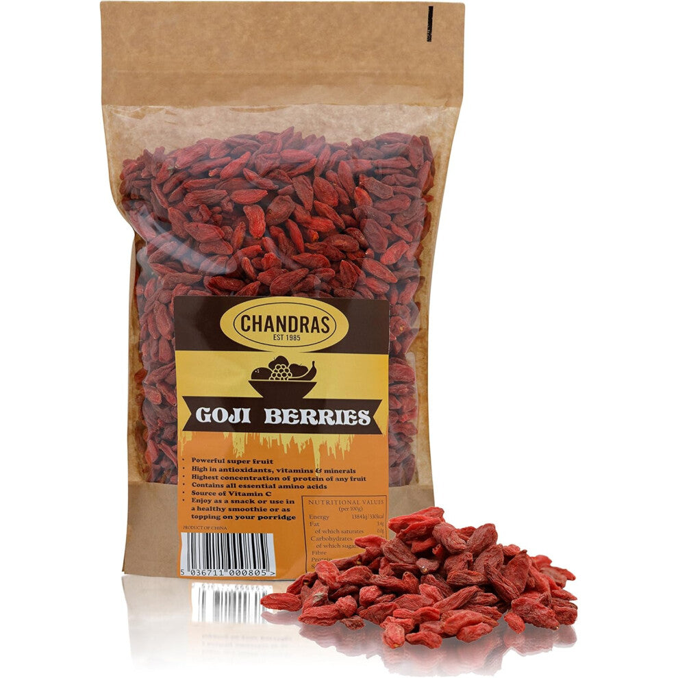 Chandra Whole Foods Goji Berries 1KG Low-GI Nutritious Super Fruit for Snacking Baking Cooking Gluten-Free Vegan-Friendly Rich in Protein Vitamins