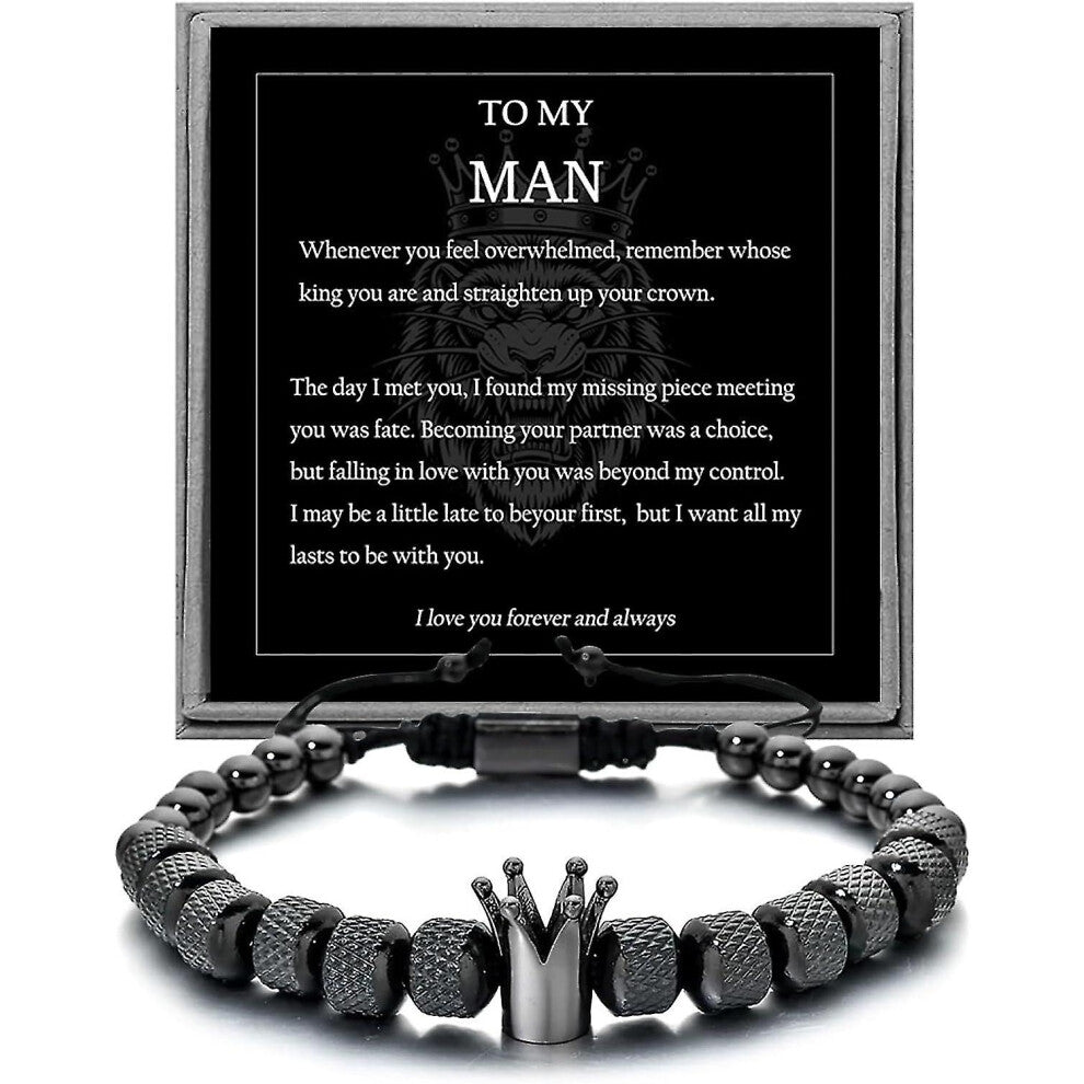To My Man Bracelet- Straighten Your Crown For Boyfriend Husband, Adjustable Bead Men's Stainless Crown Anniversary Christmas Gifts
