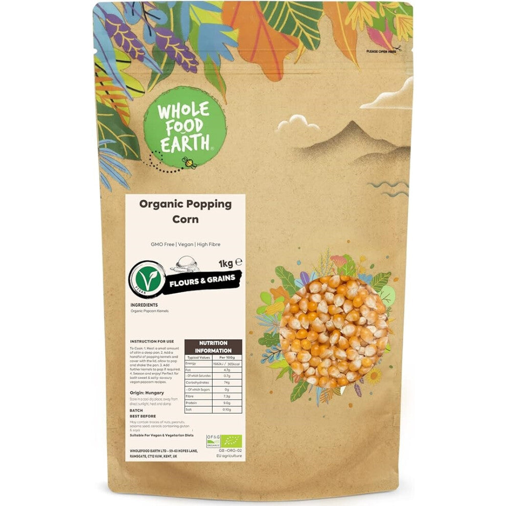 Wholefood Earth Organic Popping Corn 1kg GMO Free Vegan High Fibre Certified Organic