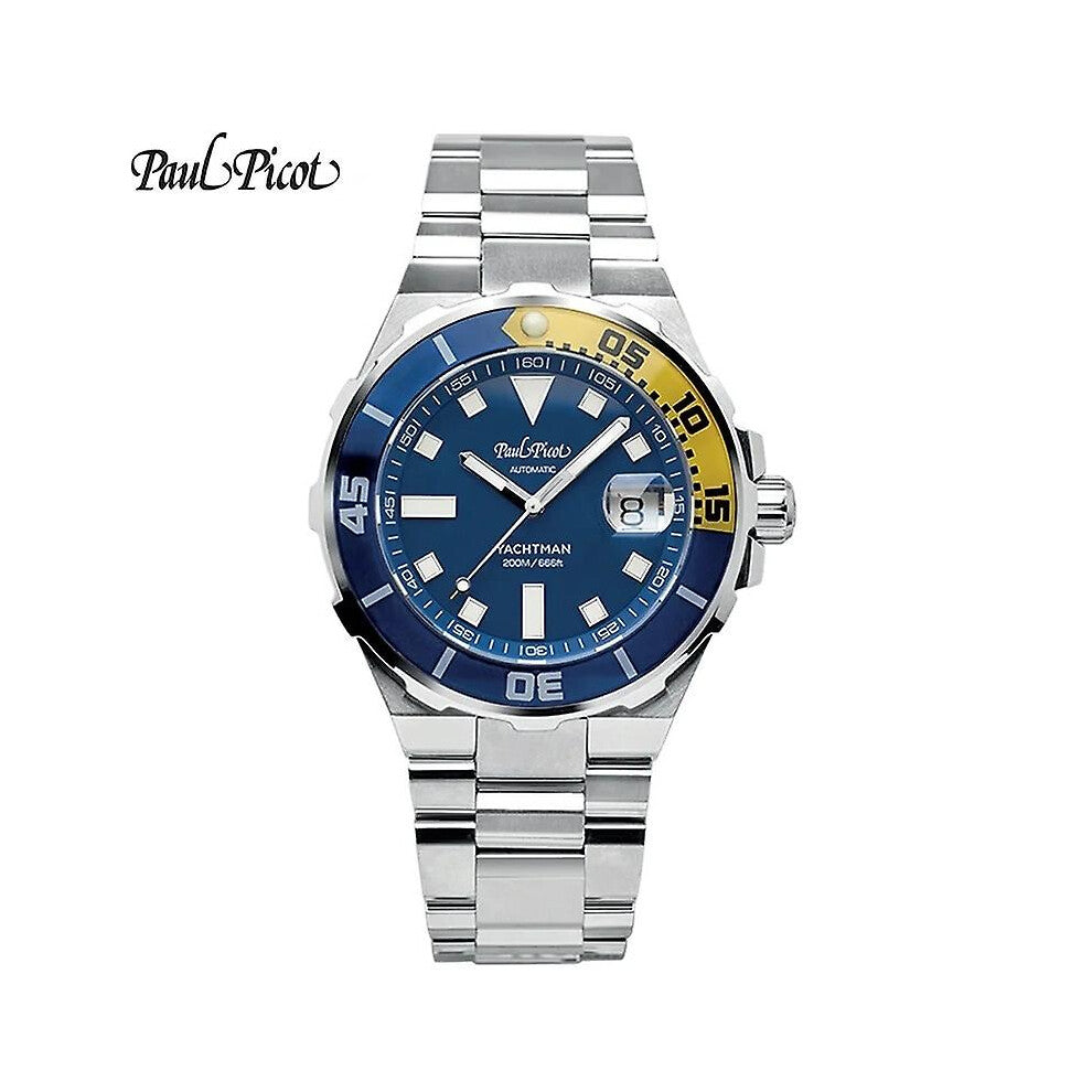 (blue yellow) Paul Picot Luxury Men's Watches Stainless Steel Band Fashion Waterproof Quartz Watch For Man Calendar Male Clock Reloj Hombre