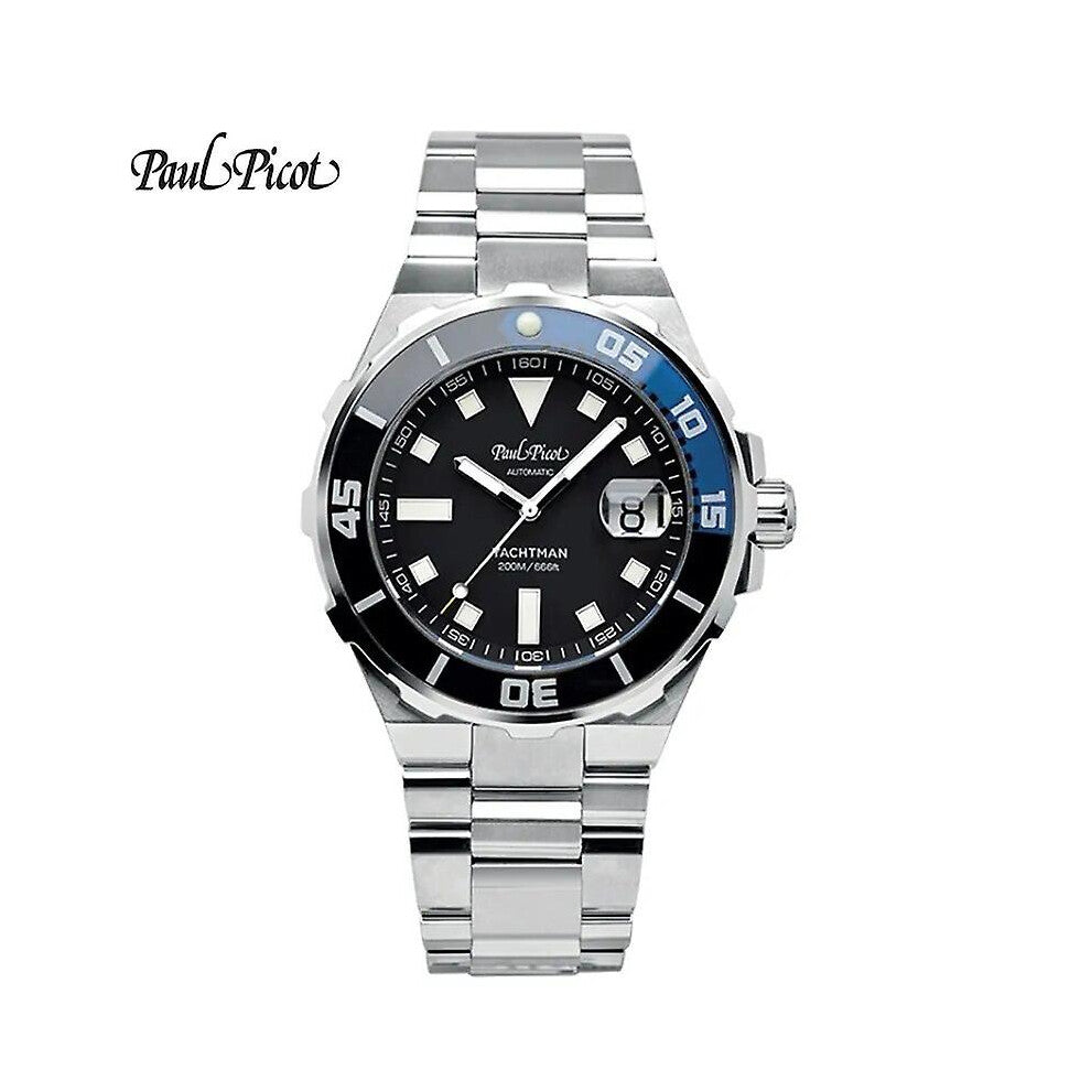 (black blue) Paul Picot Luxury Men's Watches Stainless Steel Band Fashion Waterproof Quartz Watch For Man Calendar Male Clock Reloj Hombre