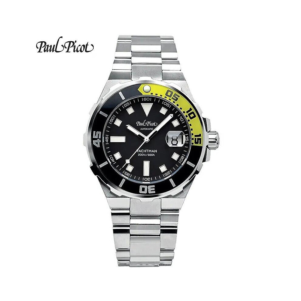 (black yellow) Paul Picot Luxury Men's Watches Stainless Steel Band Fashion Waterproof Quartz Watch For Man Calendar Male Clock Reloj Hombre