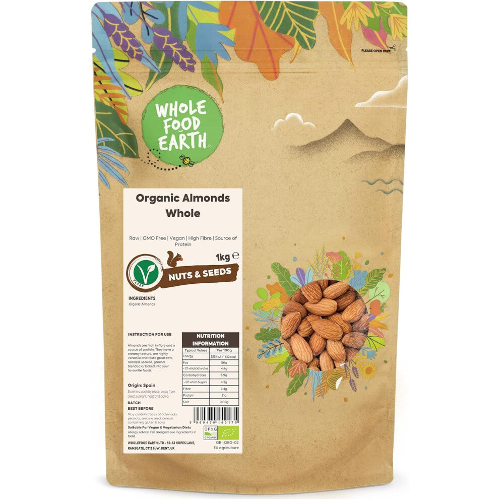 Wholefood Earth Organic Almonds Whole 1 kg Raw GMO Free Vegan High Fibre  Source of Protein Certified Organic