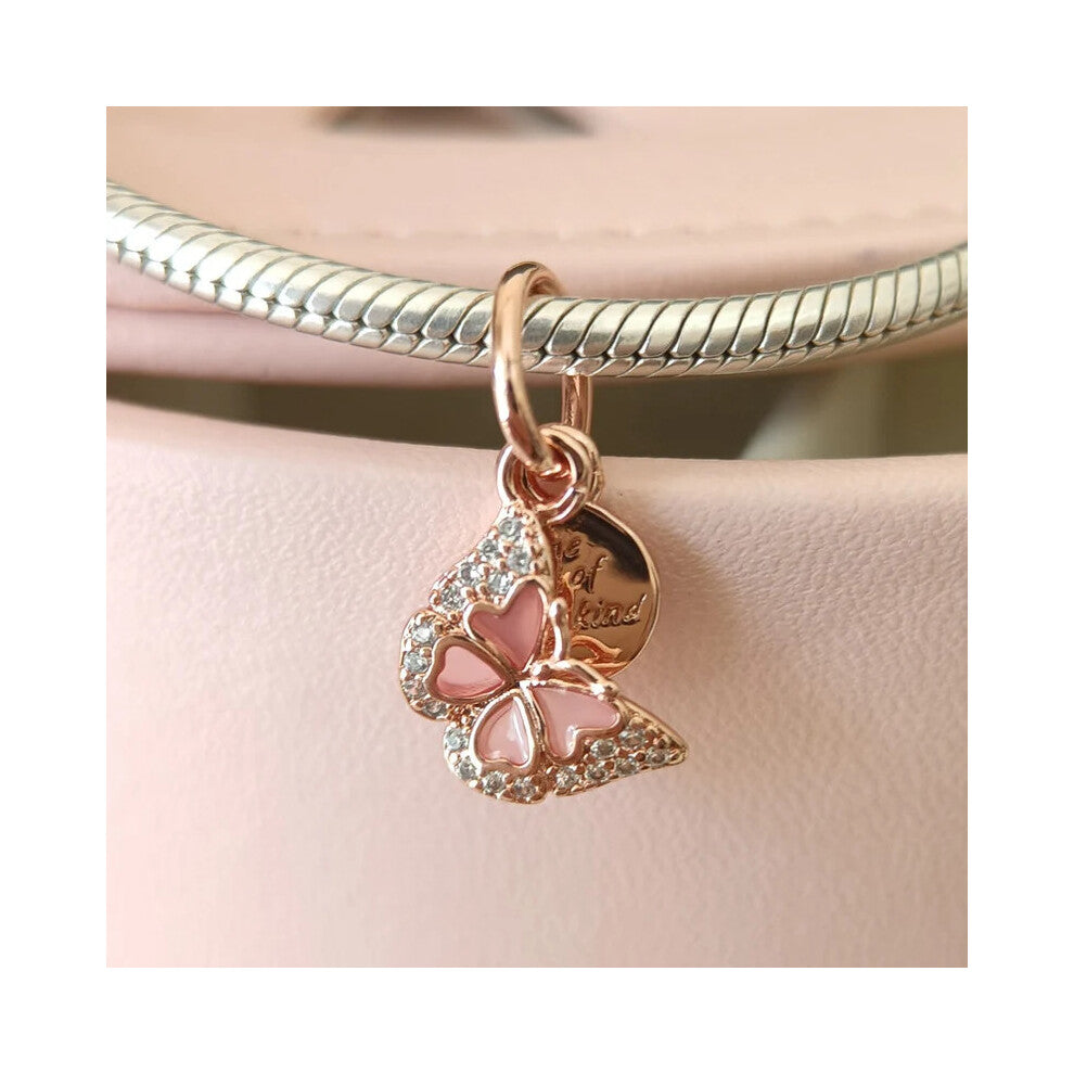Rose Gold Pink Butterfly & Quote Double Dangle Charm Charm Bracelet-Gift for Her-Necklace Pendant-Fashion Gift Charm bead