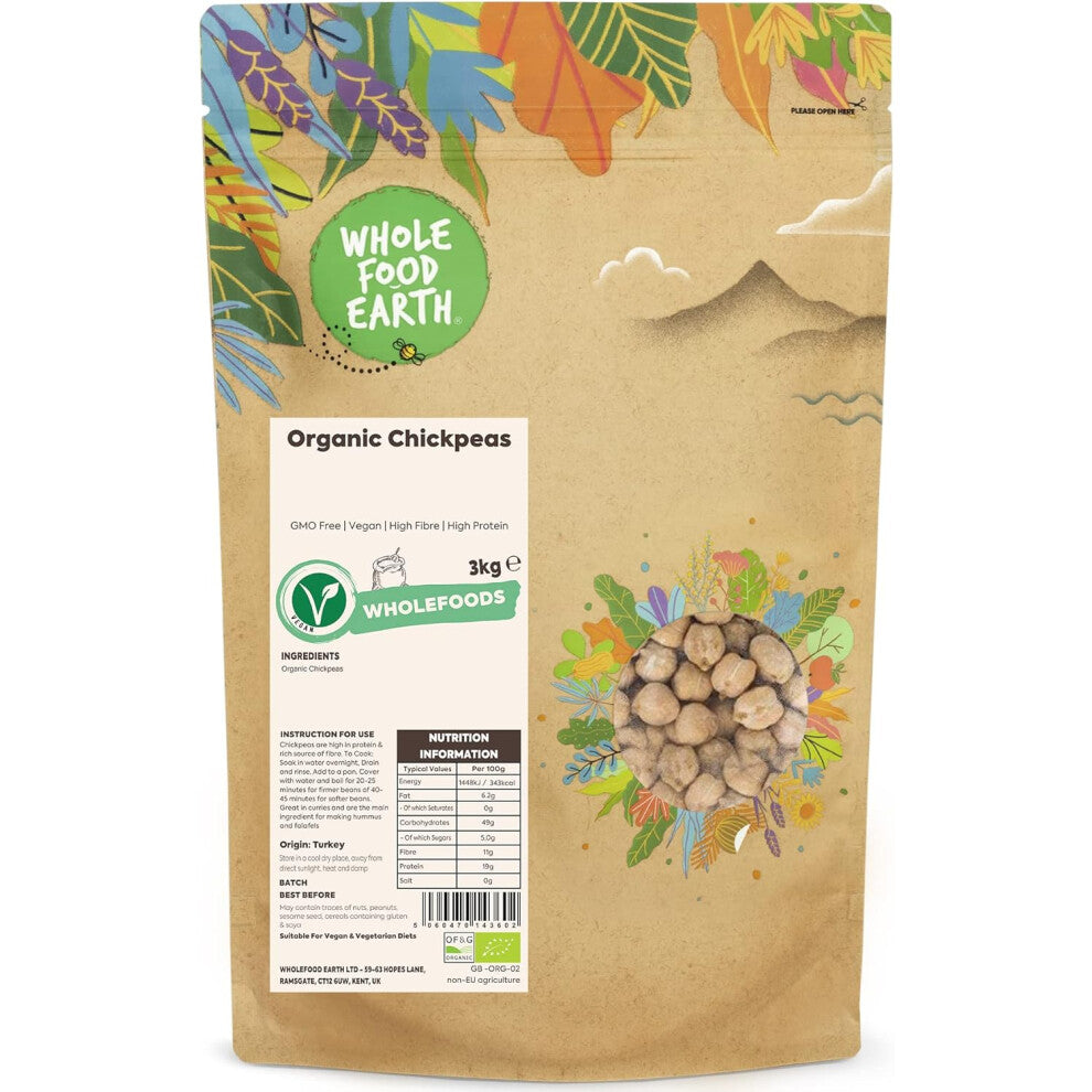 Wholefood Earth Organic Chickpeas 3kg GMO Free Vegan High Fibre High Protein Certified Organ