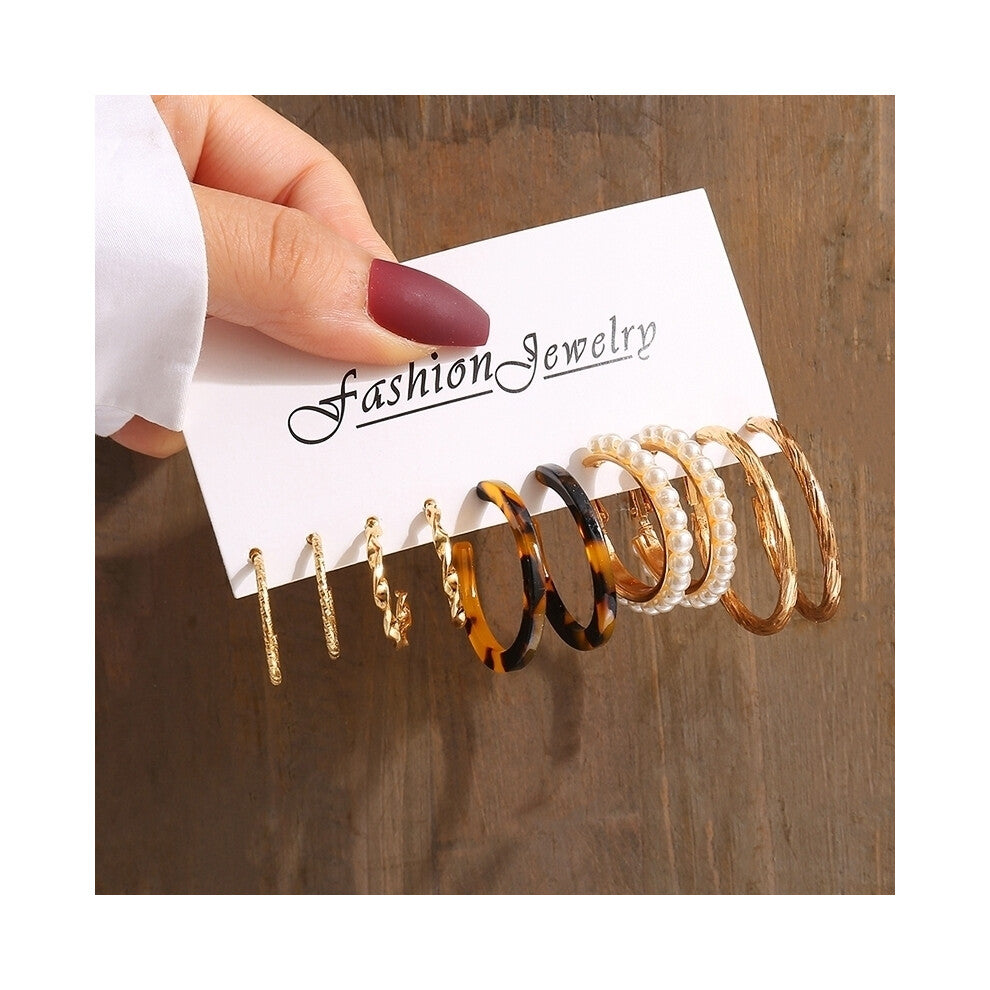 (OV53675) Gold Color Vintage Geometry Pearl Earrings Set Metal Twine Square Dangle Earrings