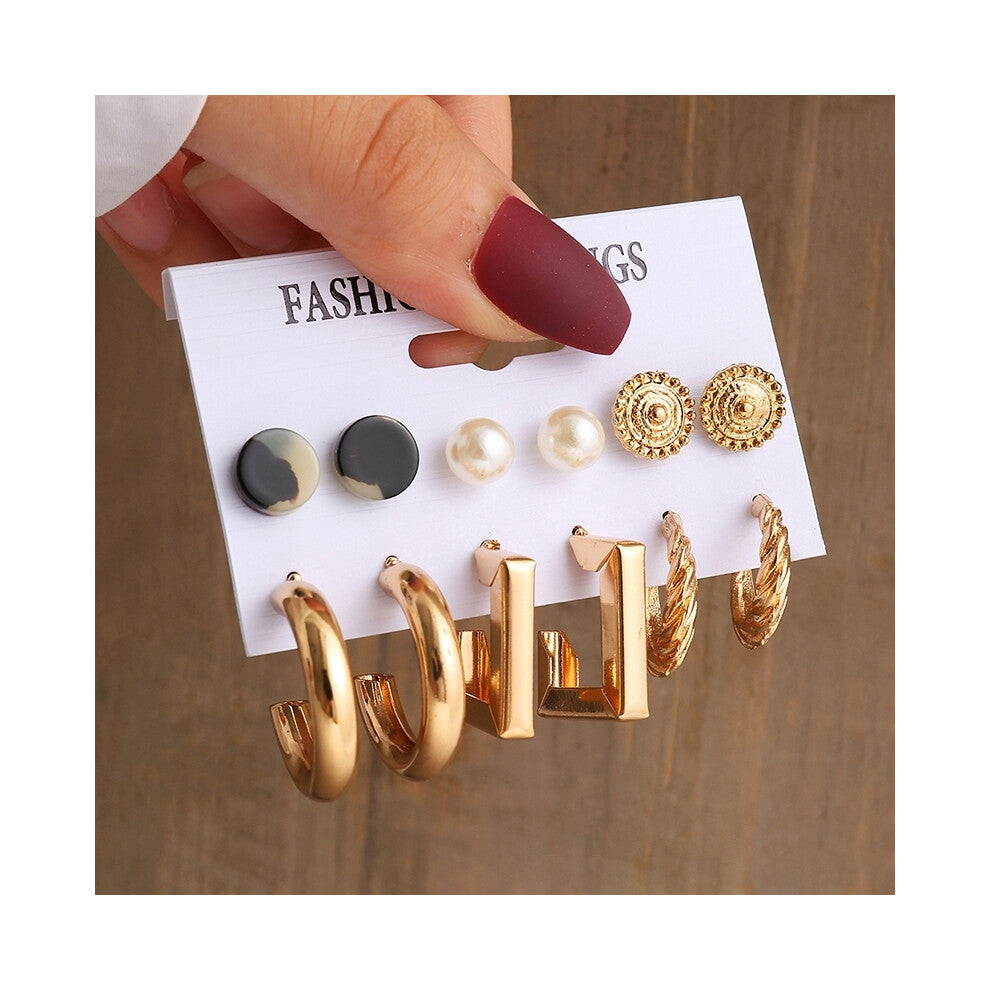 (OV54046) Gold Color Vintage Geometry Pearl Earrings Set Metal Twine Square Dangle Earrings