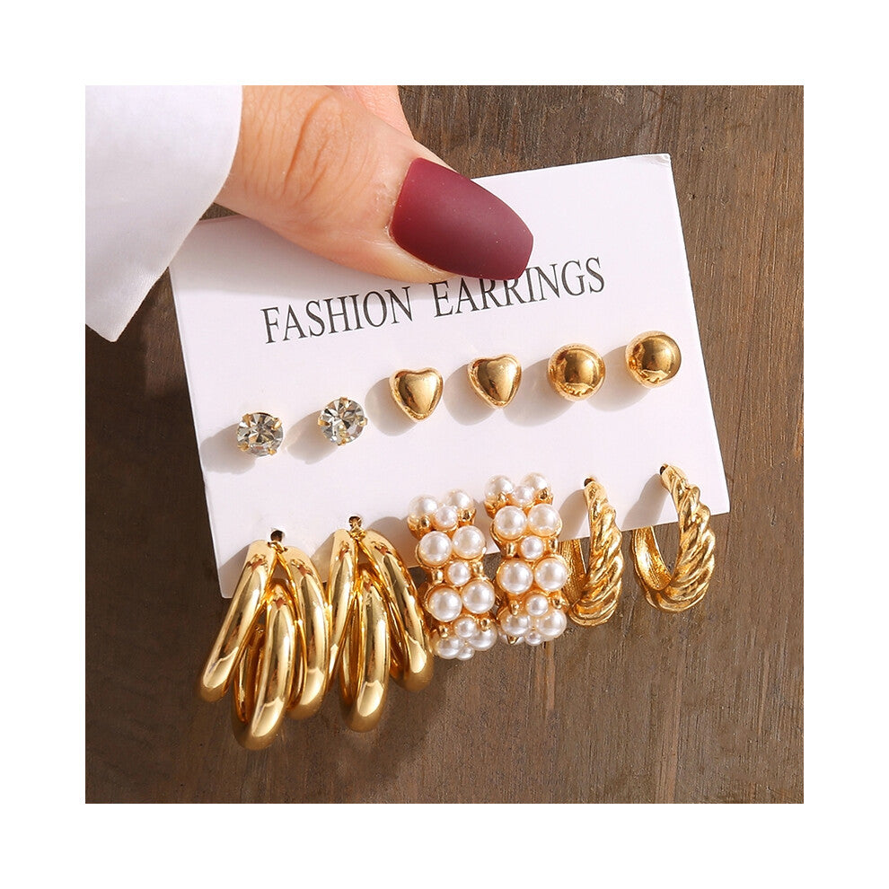 (OV54047) Gold Color Vintage Geometry Pearl Earrings Set Metal Twine Square Dangle Earrings