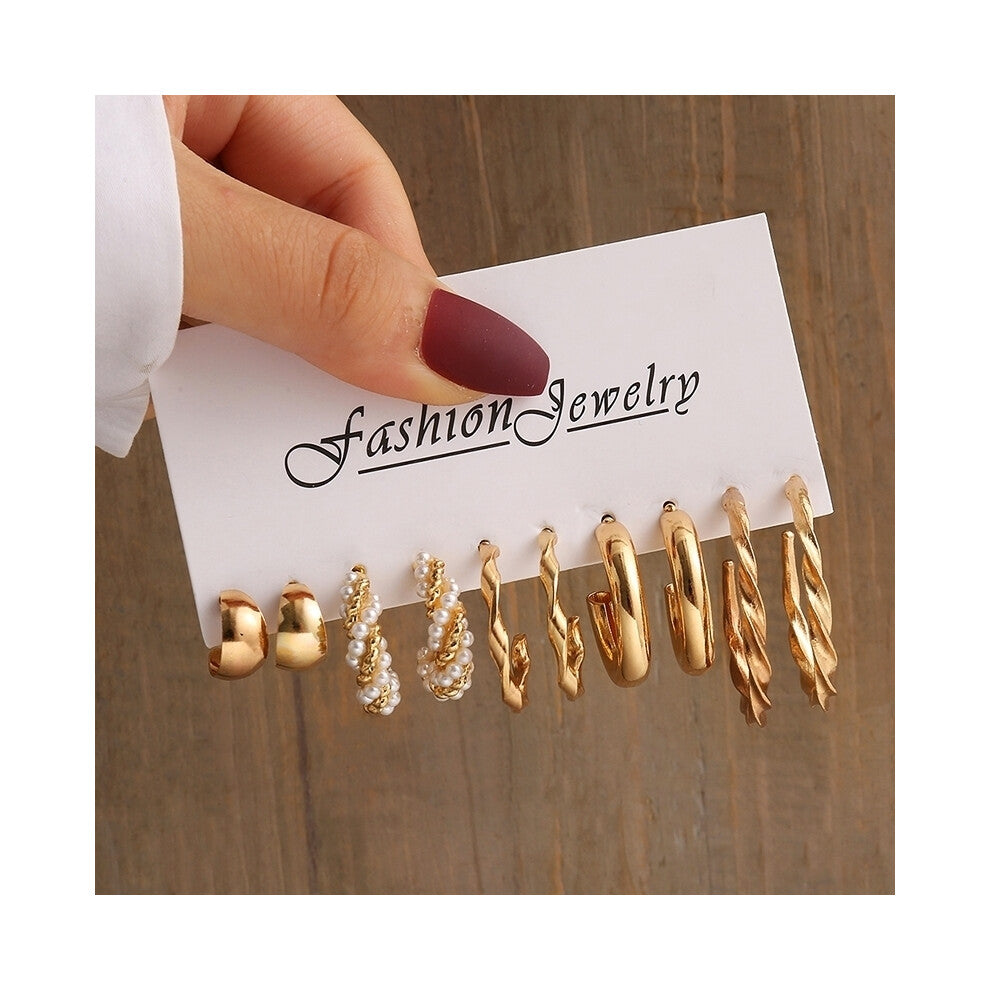 (OV54469) Gold Color Vintage Geometry Pearl Earrings Set Metal Twine Square Dangle Earrings