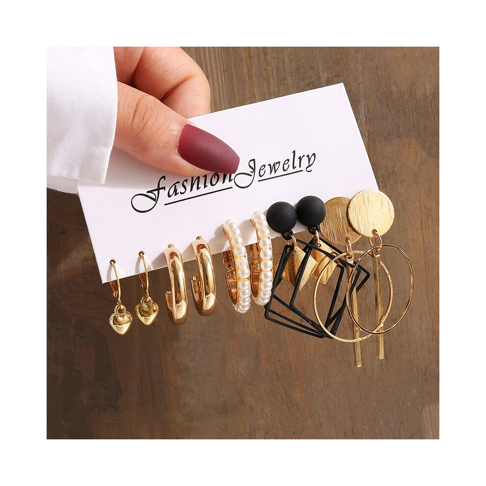 (OV54677) Gold Color Vintage Geometry Pearl Earrings Set Metal Twine Square Dangle Earrings