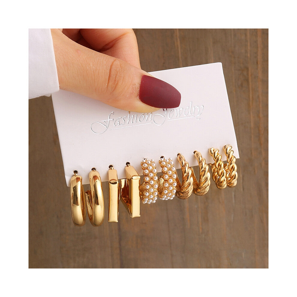 (OV547232) Gold Color Vintage Geometry Pearl Earrings Set Metal Twine Square Dangle Earrings