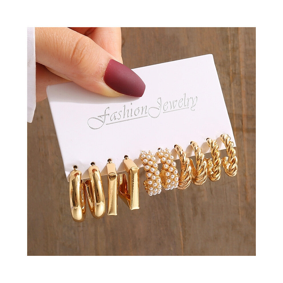 (OV54723) Gold Color Vintage Geometry Pearl Earrings Set Metal Twine Square Dangle Earrings