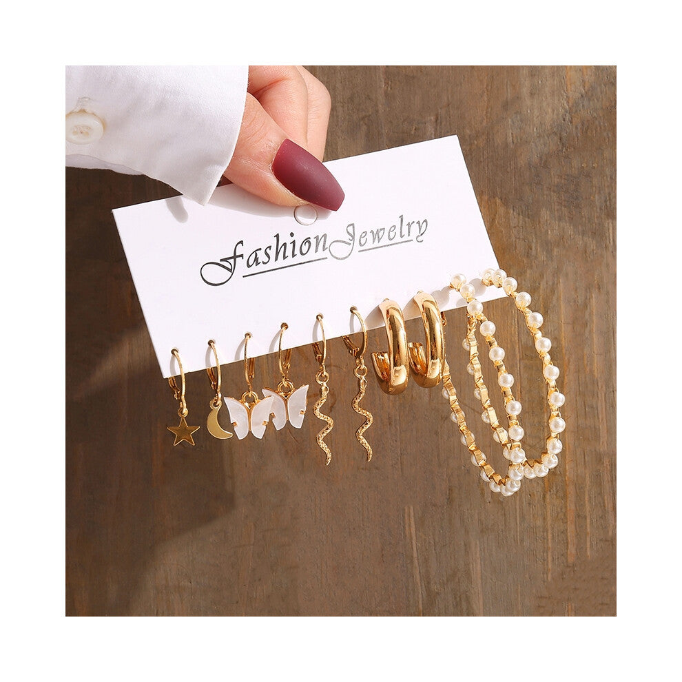 (OV54730) Gold Color Vintage Geometry Pearl Earrings Set Metal Twine Square Dangle Earrings