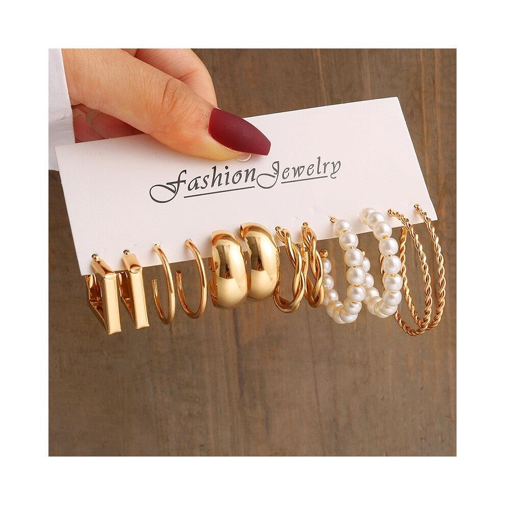 (OV55213) Gold Color Vintage Geometry Pearl Earrings Set Metal Twine Square Dangle Earrings