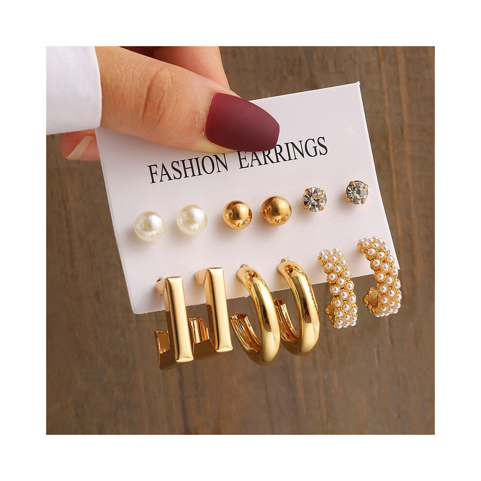 (OV5614301) Gold Color Vintage Geometry Pearl Earrings Set Metal Twine Square Dangle Earrings