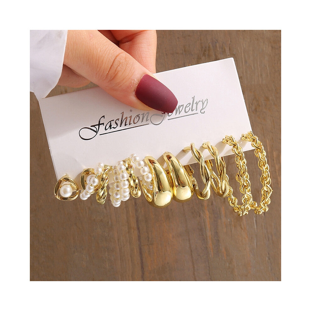 (OV5627801) Gold Color Vintage Geometry Pearl Earrings Set Metal Twine Square Dangle Earrings